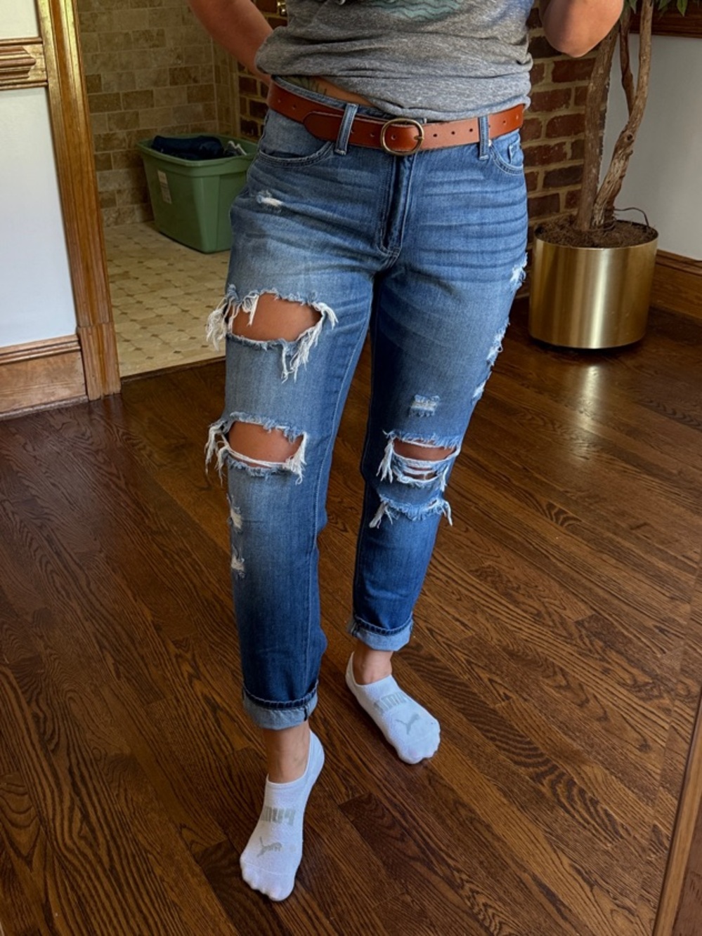 KanCan Distressed Boyfriend Jeans in Medium Blue with Brown Belt